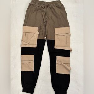 Fashion Nova Two-Tone Cargo Joggers in Black and Tan